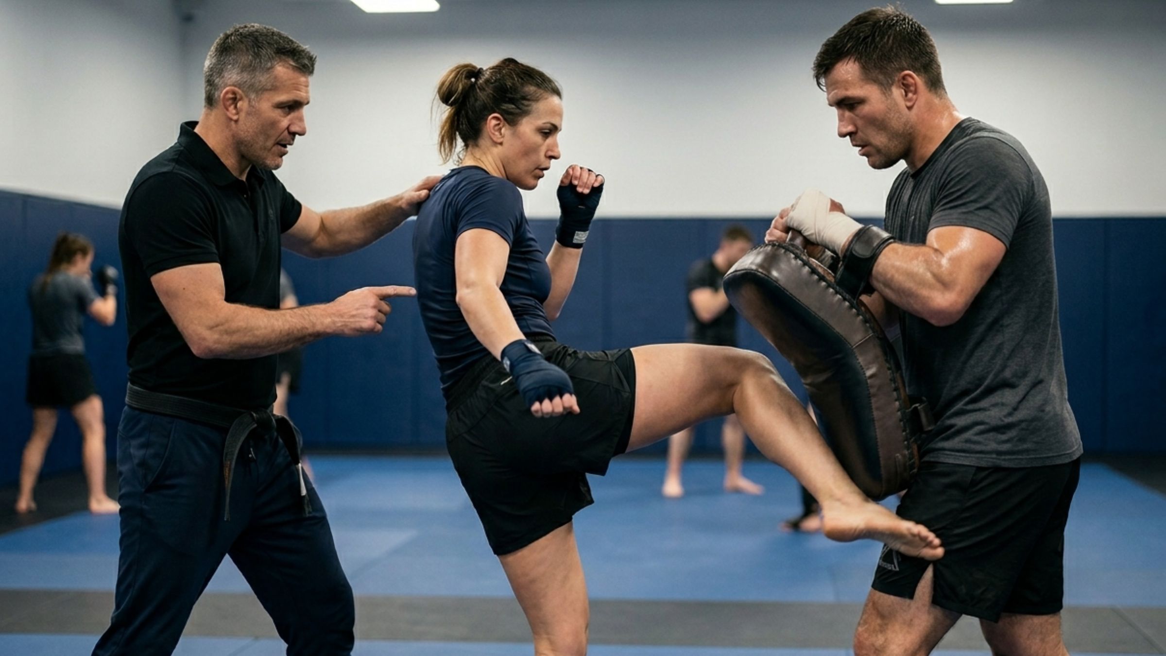 Adult martial arts coaching during partner drilling
