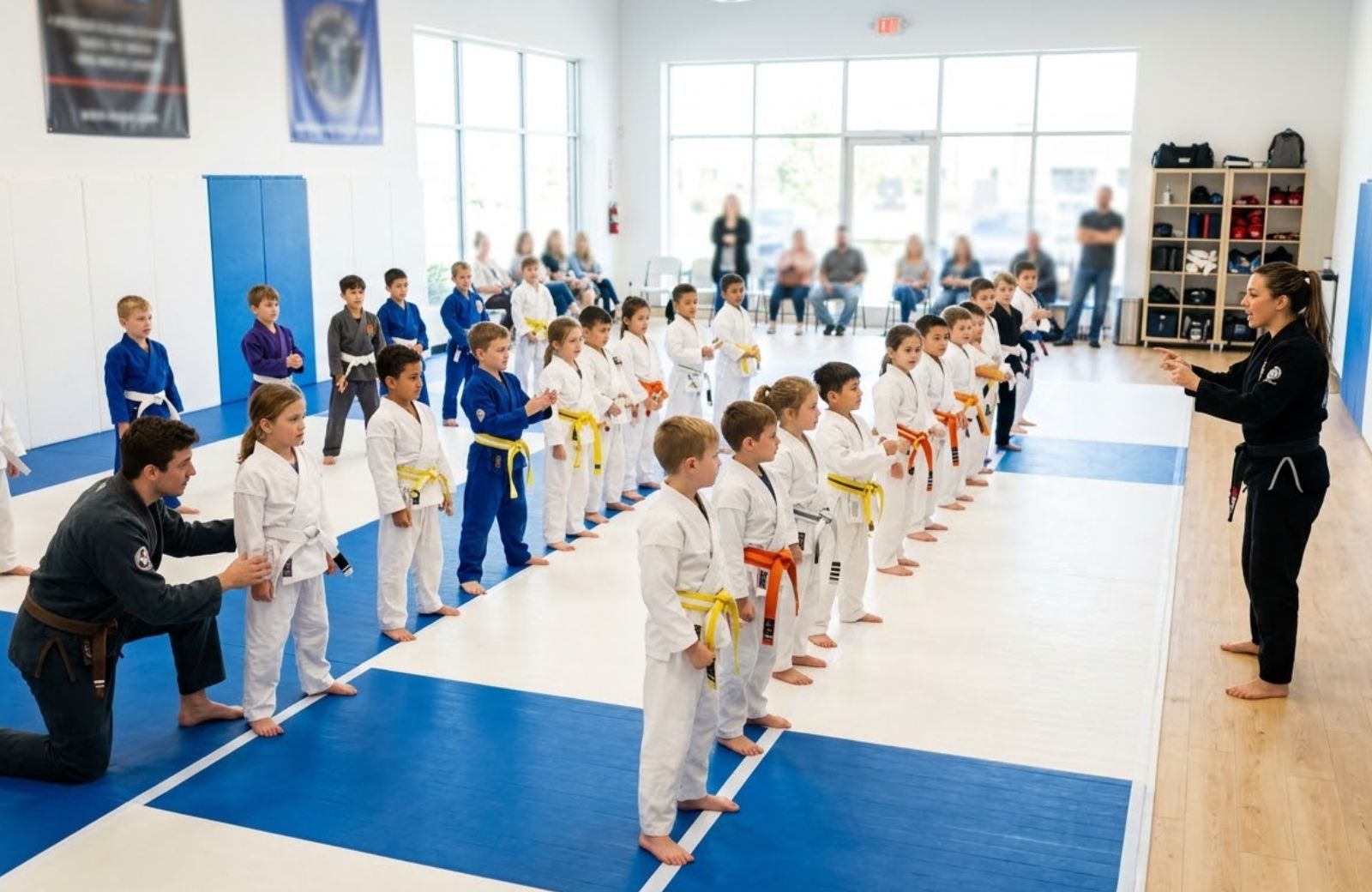 Kids martial arts class with coach supervision