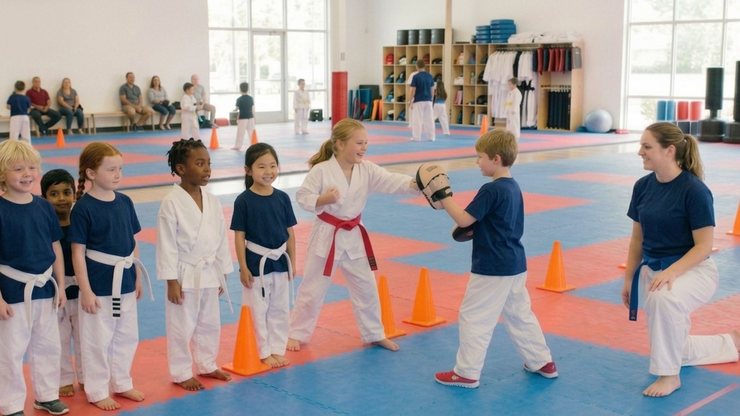 Coach-supervised kids martial arts class with parents observing from the sideline
